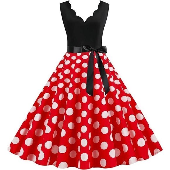 ❤️ Pinup 1950s Retro Red Polka Dot Disney Minnie Mouse Dress with Belt L NEW - Picture 1 of 12